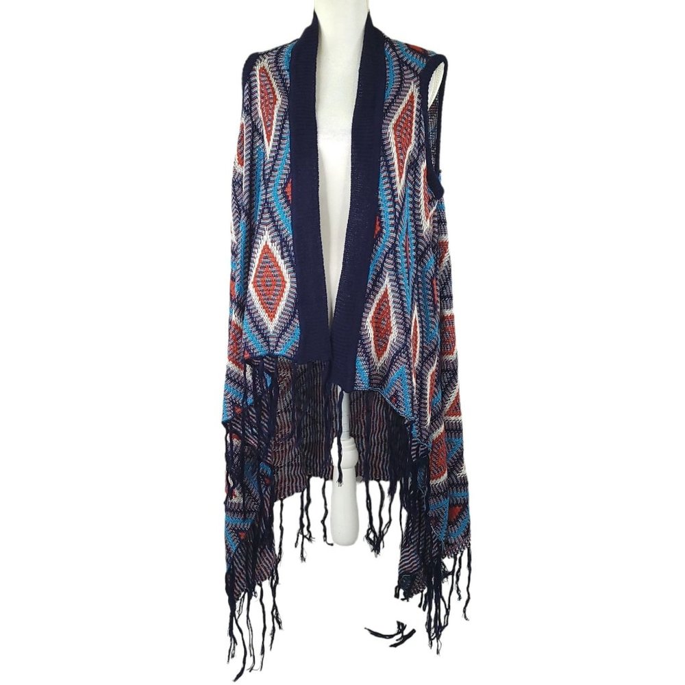 Umgee Open Front Cardigan Aztec Print Sweater Vest Womens Size M Fringe Boho NEW